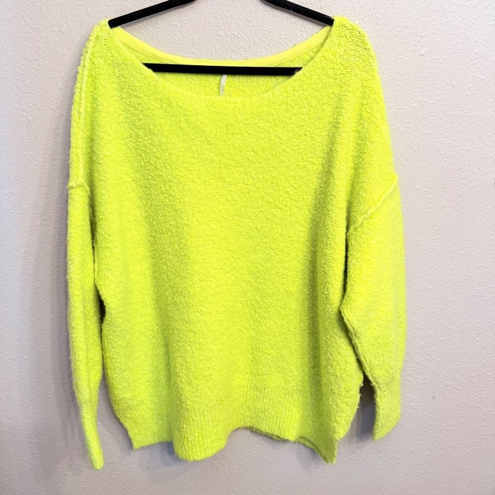 Free People Moira Slouchy Tunic Sweater Yellow Lime Boucle Oversized Knit Small
